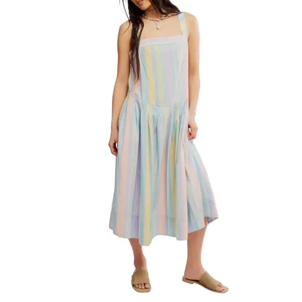 NWT! Free People Primavera Stripe Cotton Midi Dress in Pastel Combo Size Small